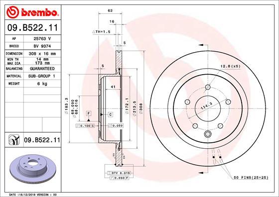 Brembo 09.B522.11 - Bremžu diski www.autospares.lv