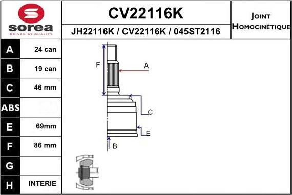 EAI CV22116K - Šarnīru komplekts, Piedziņas vārpsta www.autospares.lv